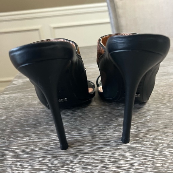 40-Schultz Black Leather and Leopard Stiletto Sandals Size: 8 Med. - Picture 8 of 12